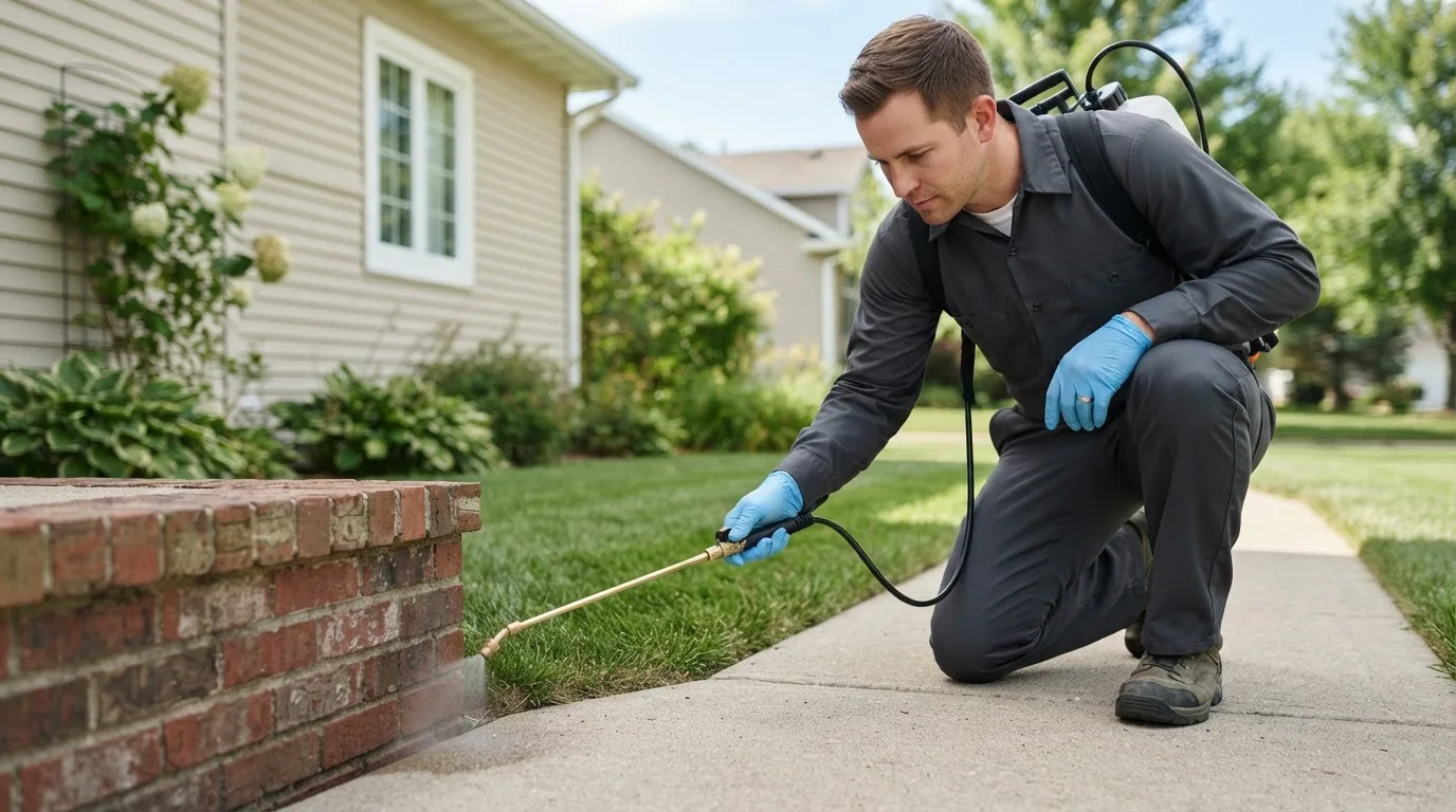 Pest control technician treating a home near Tabiona, UT